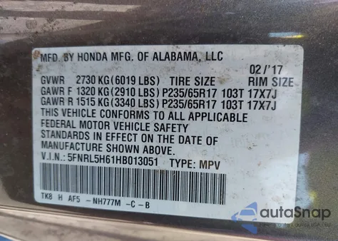 2017 Honda Odyssey Ex-L from USA, damaged, VIN 5FNRL5H61HB013051